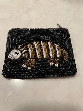 Beaded Armadillo Coin Purse - Black with White & Gold Accents